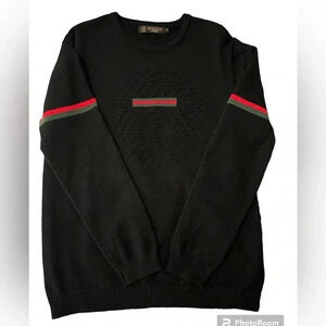 Black Crewneck Sweater with Red and Green Stripes